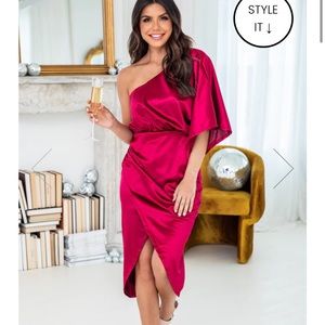 Pink Lily Happiest Moment Wine One Shoulder Wrap Skirt Dress Size M